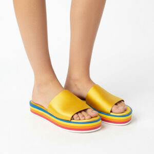 Tabitha Simmons Yellow Satin Rainbow Summer Platform Slip On Sandal Size 37.5